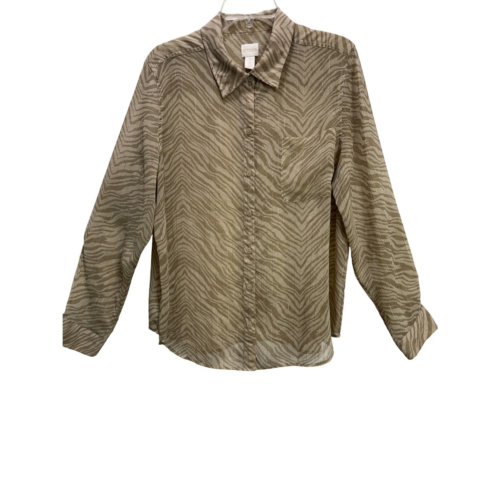 Chico's Button Down Sheer Shirt Sz 2 12  Zebra Animal Print EUC Metallic‎ Stripe